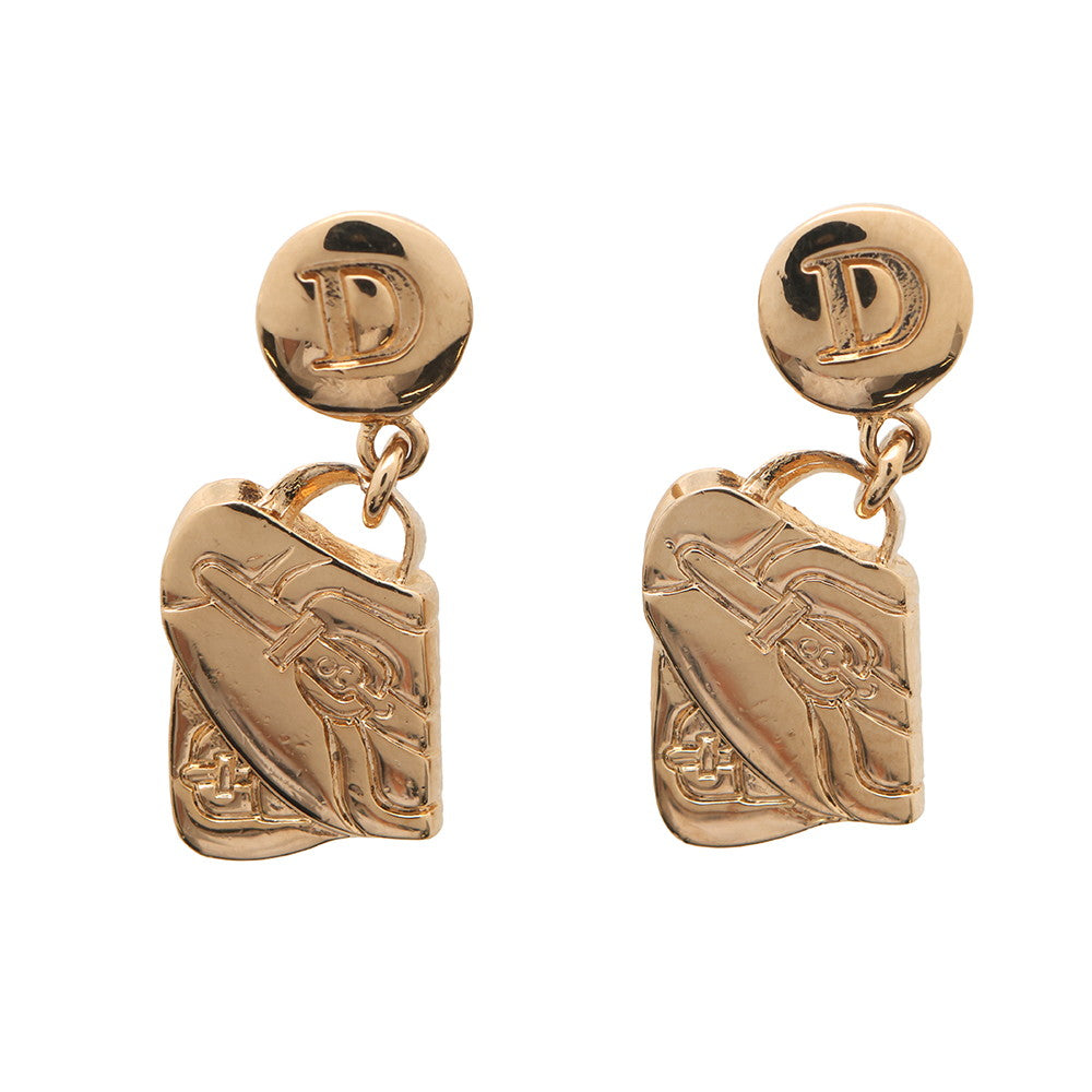 Dior Saddlebag Motif Earrings Gold Metal