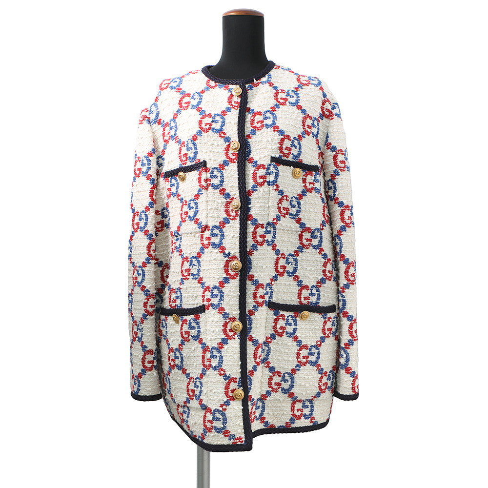 GUCCI GG No Collar Jacket Size 42 Ivory/Multicolor569926 Tweed