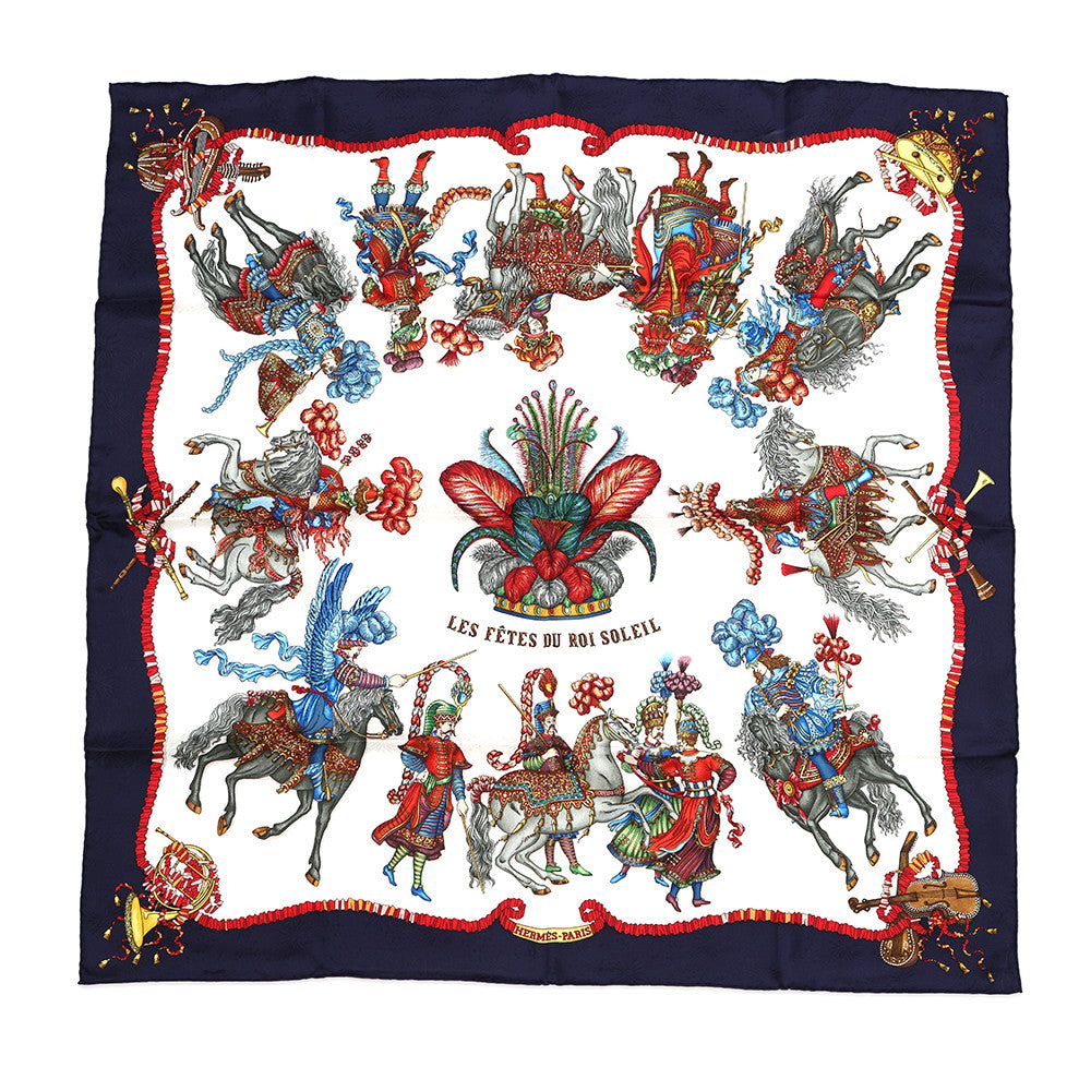 HERMES Carre LES FETES DU SOLEIL Celebration of the Sun King White/Navy/Multi Silk100%