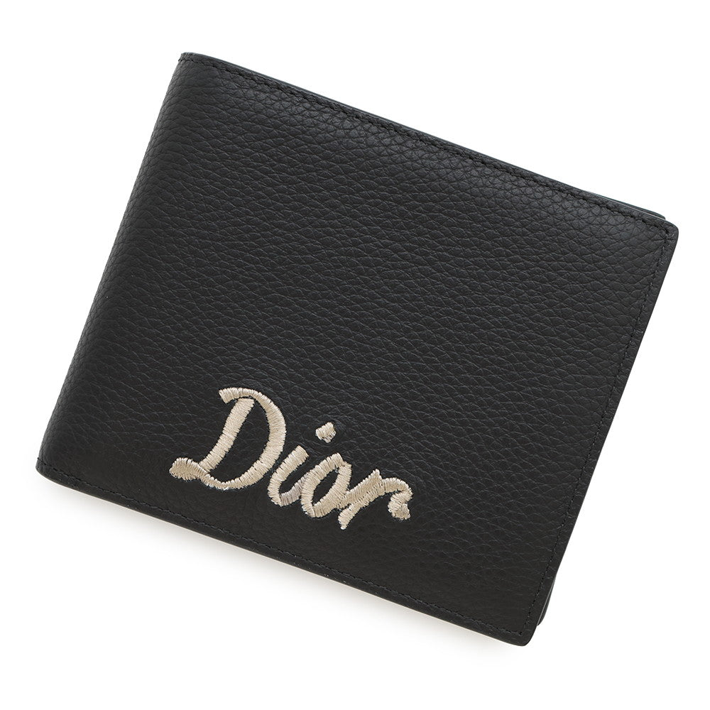 Dior Embroidered Logo Bifold Wallet Black Leather