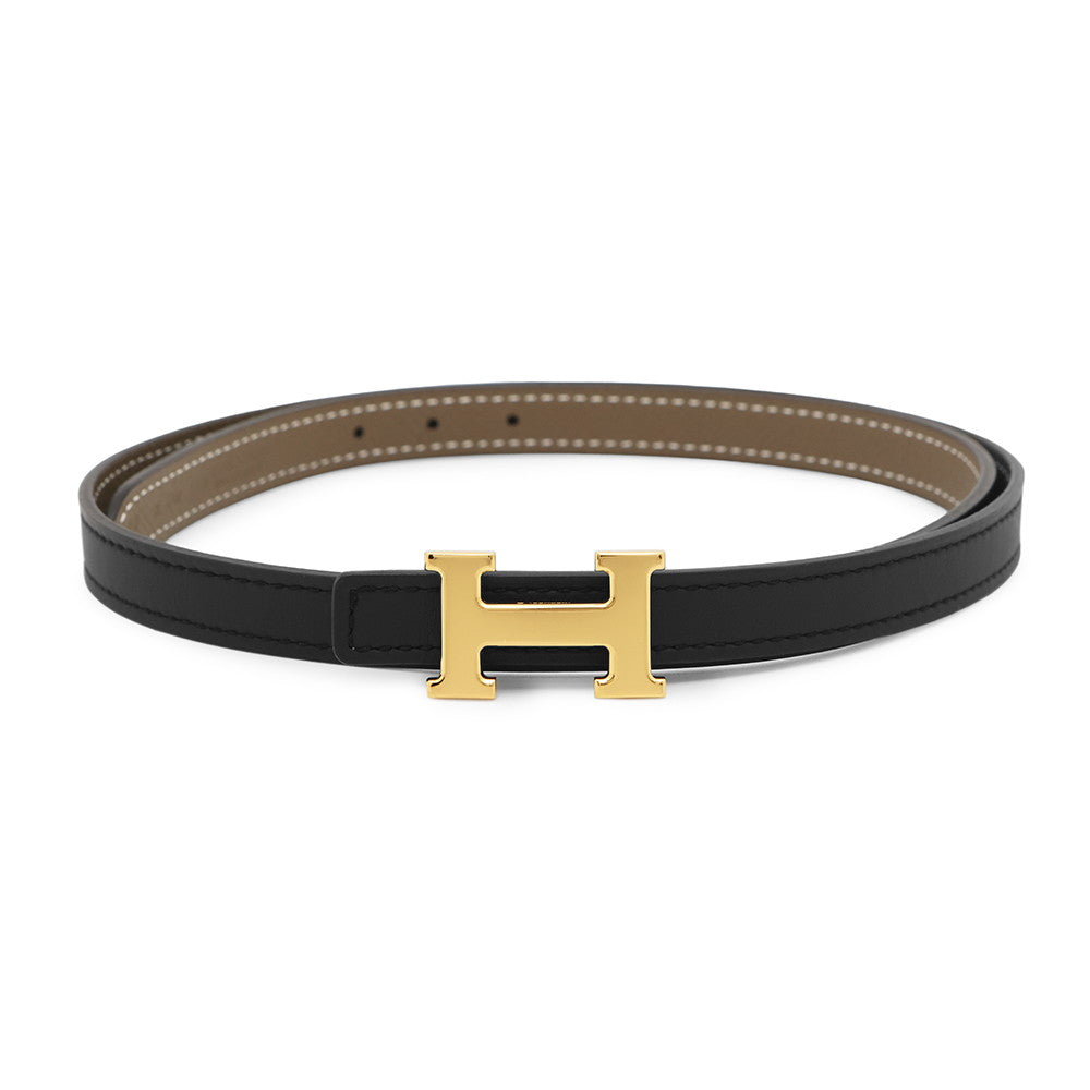 HERMES Constance Mini Reversible Belt Size 70 Black/Etoupe Swift Leather Epsom