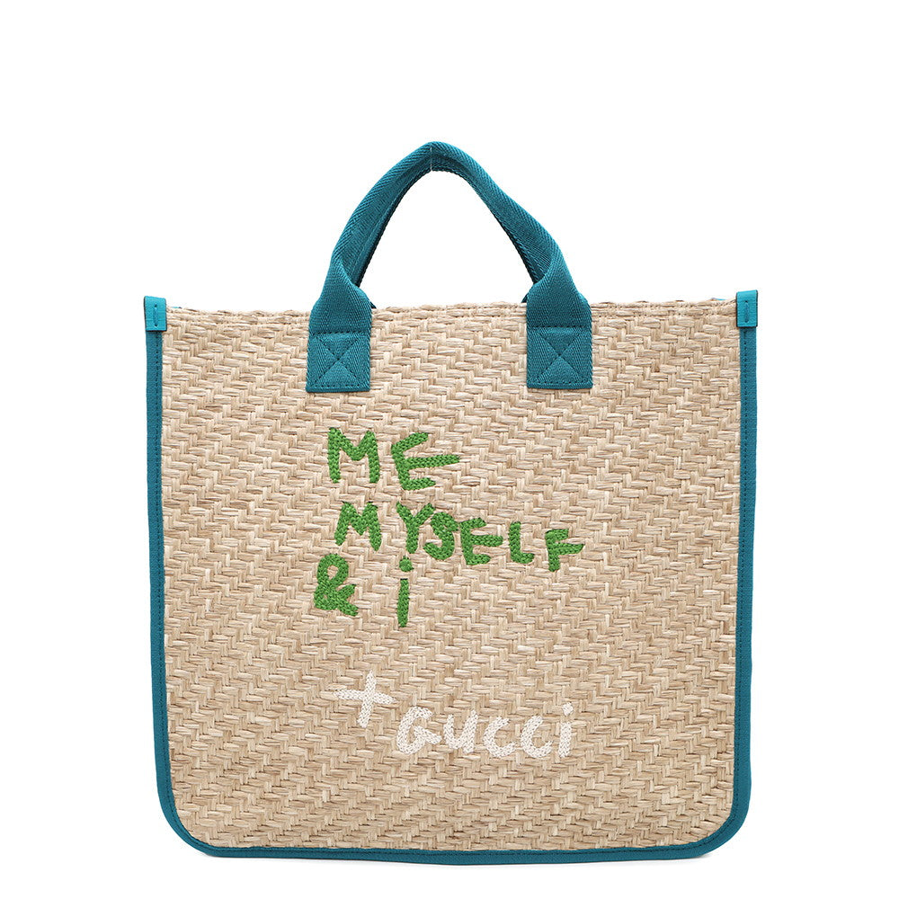 GUCCI Children's Tote Bag Beige/Emerald Green605831 Straw