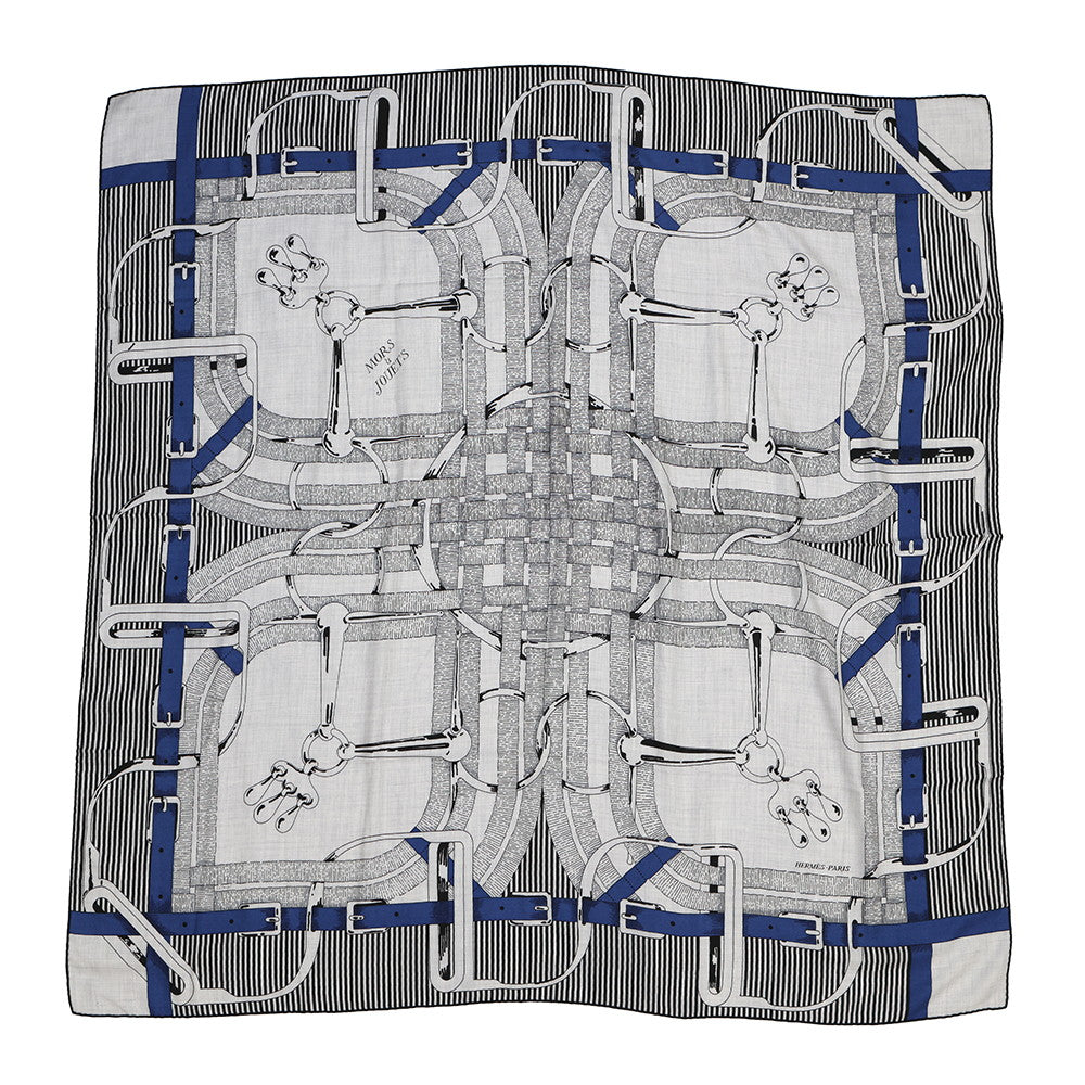 HERMES Giant Square Horse Bit MORS JOUETS Size 140 Gray/Blue/Black Cashmere70% Silk30%