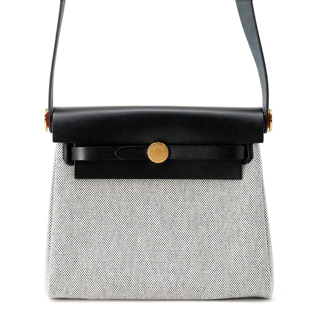HERMES Herbag zip Ecru/Black Toile Military Vache Hunter Leather Size Mini