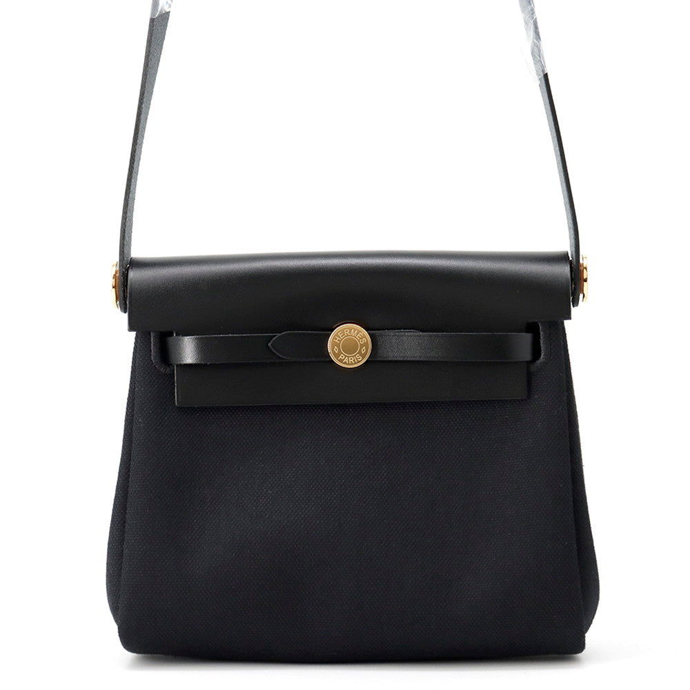 HERMES Herbag zip Black Toile H Viking Vache Leather Hunter Size Mini