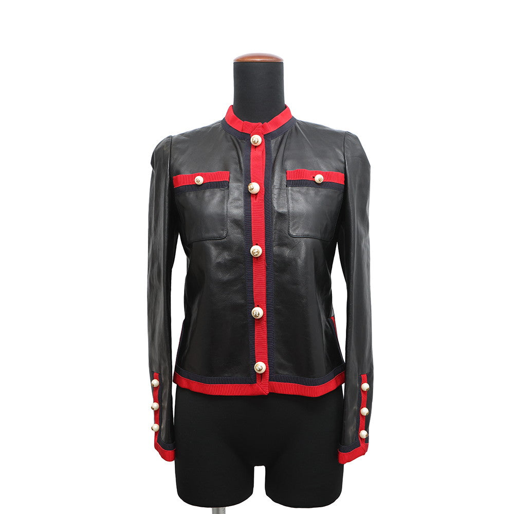 GUCCI Leather Jacket Size 36 Black/Red/Navy Leather Cotton100%