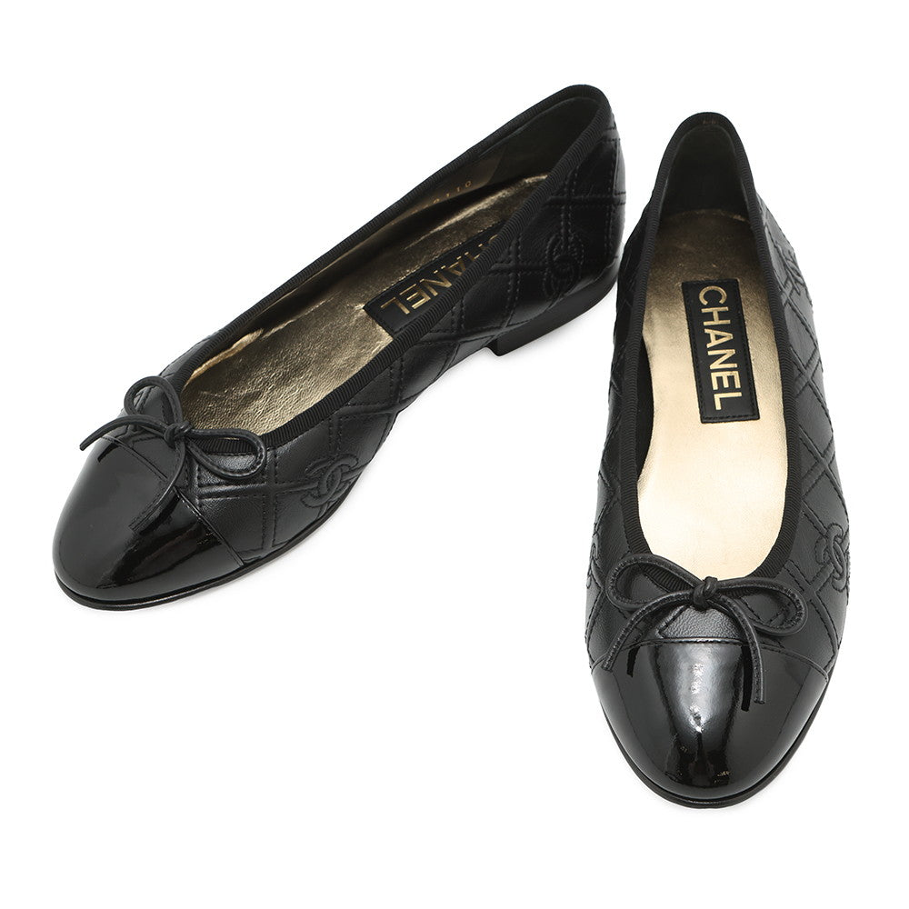 CHANEL Matelasse Ballerina Ballet Shoes BlackG40110 Lambskin Enamel Size 37H