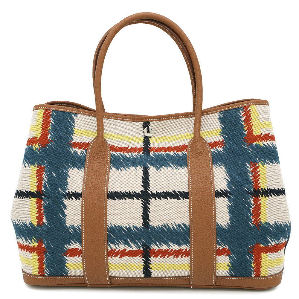 HERMES Garden Party Tartan Cross Check Gold/Ecru/Beige/Deep Blue/JauneCitron Toile HPlume Negonda Leather Size PM
