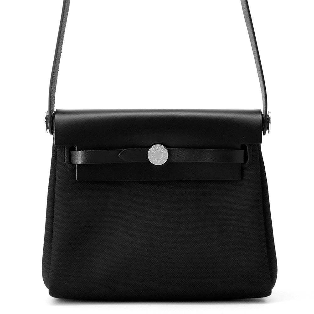 HERMES Herbag zip Black Toile H Viking Vache Hunter Leather Size Mini/20