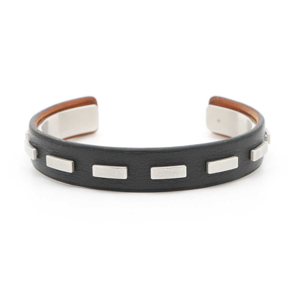 HERMES Combination Bangle Size S Black/Silver Leather Metal