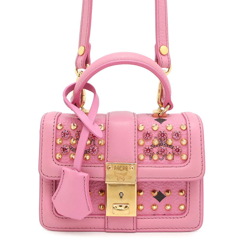 MCM Visetos Studded 2-Way Bag PinkMWE4SVI76PK001 Leather Rhinestone
