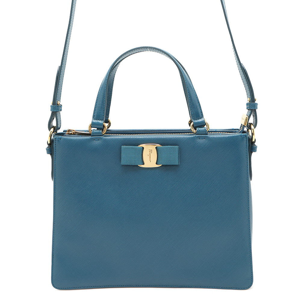 Ferragamo Vara Ribbon 2way Bag Blue21E298 Leather