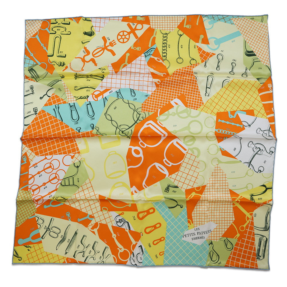 HERMES Carre LES PETITS PAPIERS Size 70 Jaune/Multicolor Silk100%