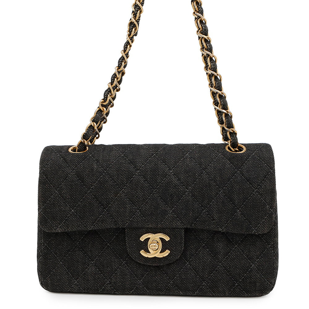 CHANEL Matelasse W flap WChainShoulder Bag BlackA01113 Denim Size 23