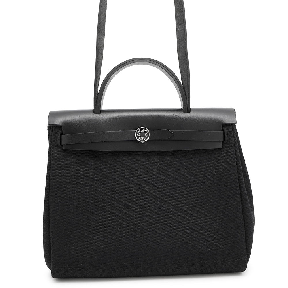 HERMES Herbag zip Black Toile Military Vache Hunter Leather Size PM