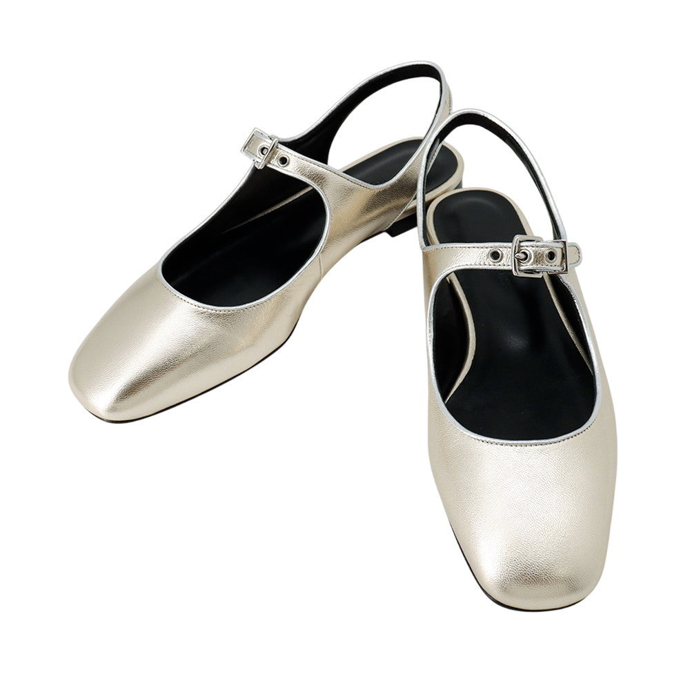 HERMES Ballet Flats Cleo Platinum/Gris ArgentH251147Z Chèvre Nappa Metallized Size 36
