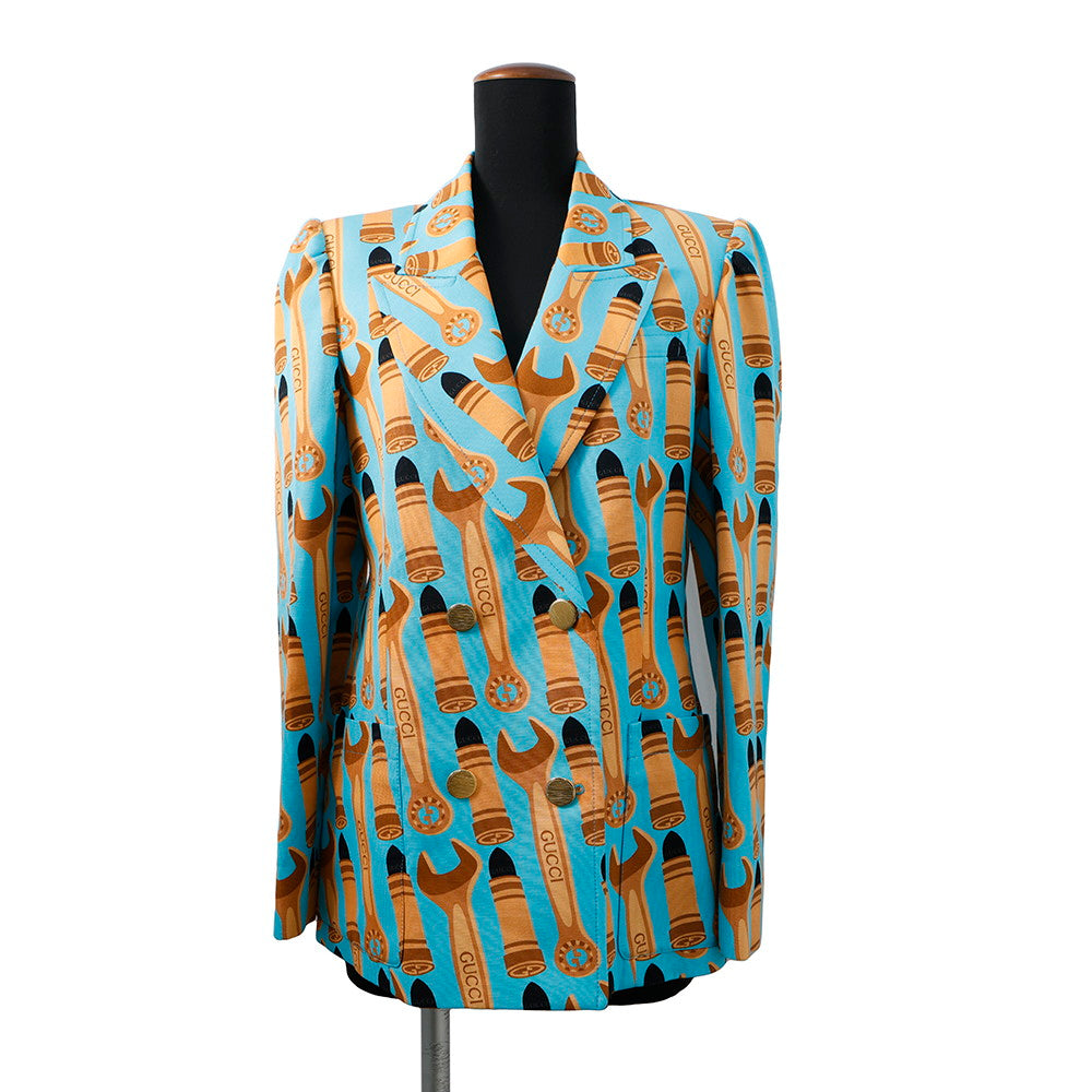 GUCCI Lipstick & Tool Print Jacket Size 38 Light Blue/Brown740422 Rayon98% Silk2%