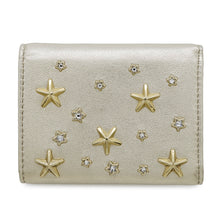 将图像加载到图库查看器中，JIMMY CHOO Nemo Crystal Star Studded Tri-fold Wallet Light GoldNEMOAUR MetalicNappa Leather

