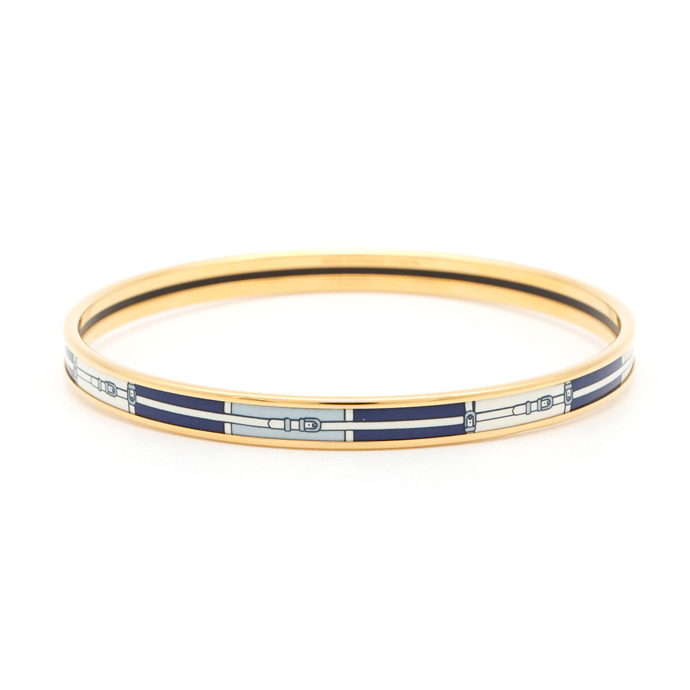 HERMES Enamel Bangle Belt Pattern Size PM Navy/White/Light Blue Enamel Metal