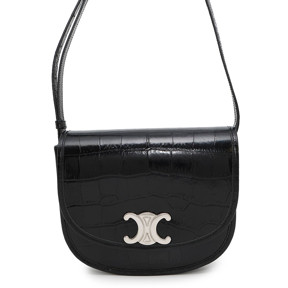 CELINE Busas Shoulder Bag Black114453 Croco embossed leather Size Medium