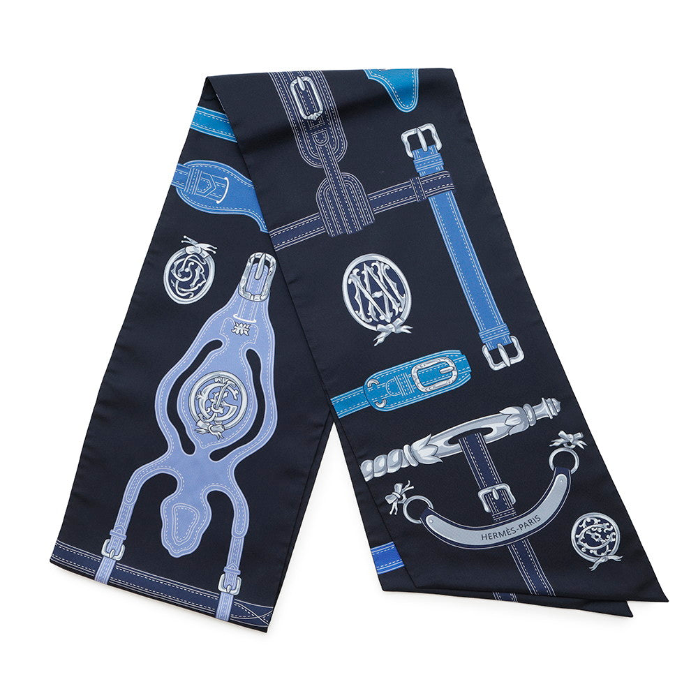 HERMES Maxi Twilly Belt Black/Blue Silk100%