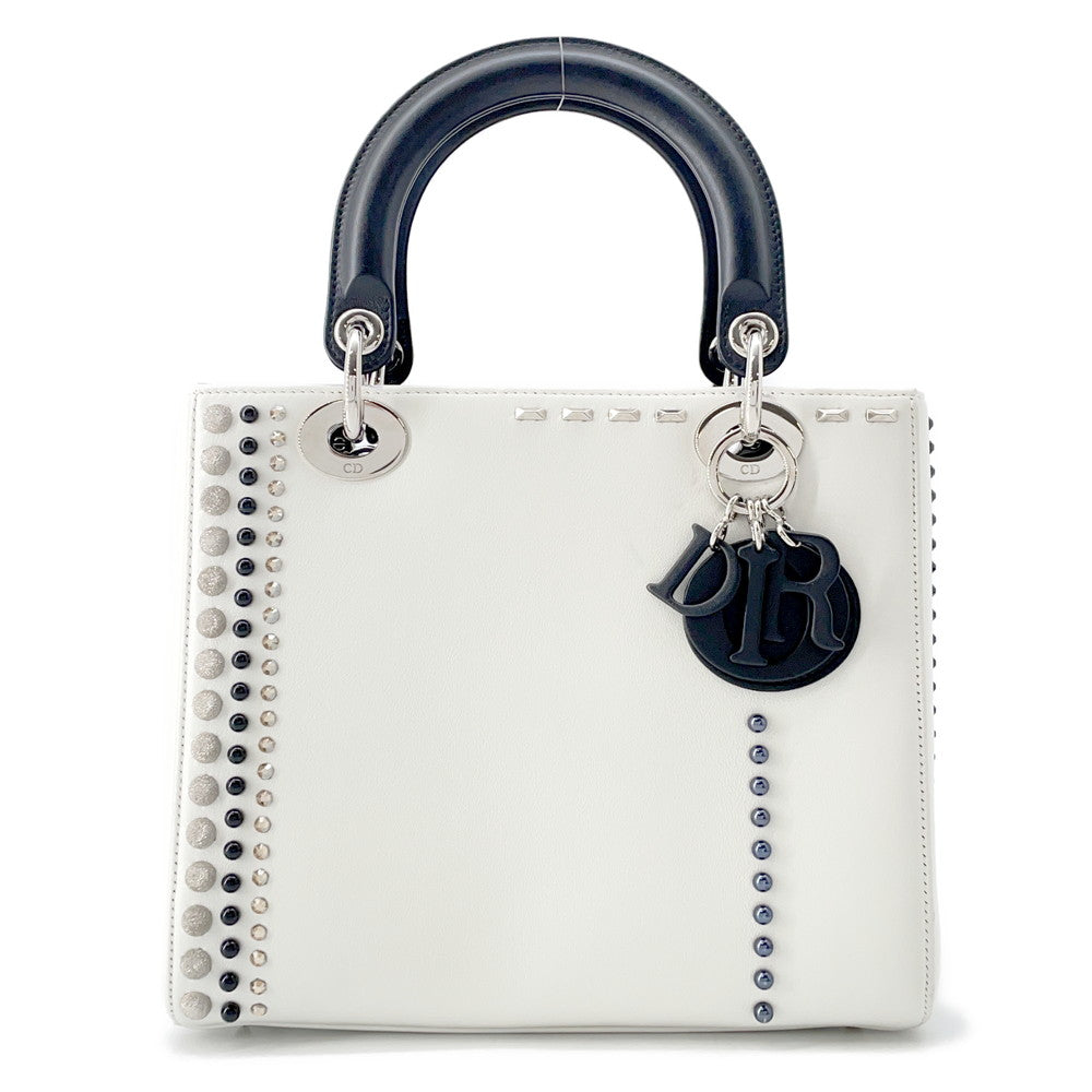 Dior Lady Dior White/BlackM0550PVBC Leather Rhinestone Size Medium