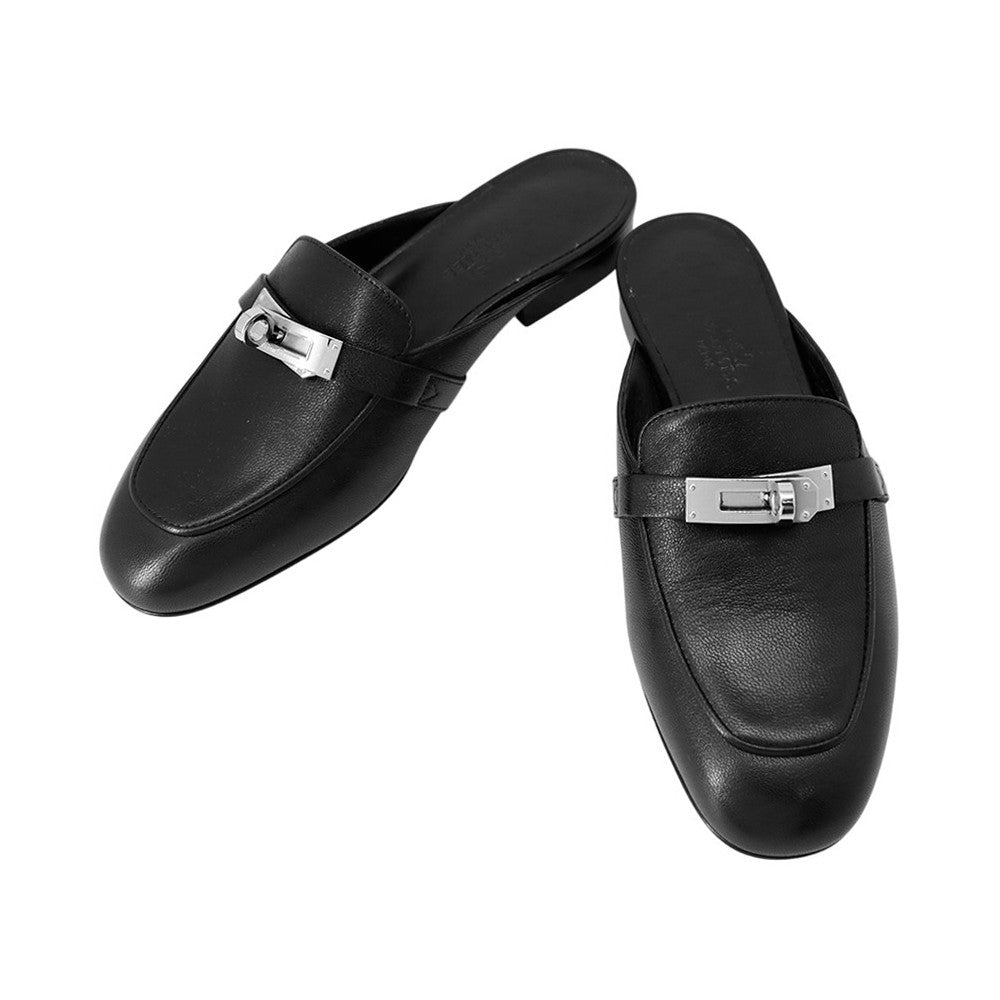 HERMES Oz Kelly Buckle Mule Loafers Black Leather Size 34