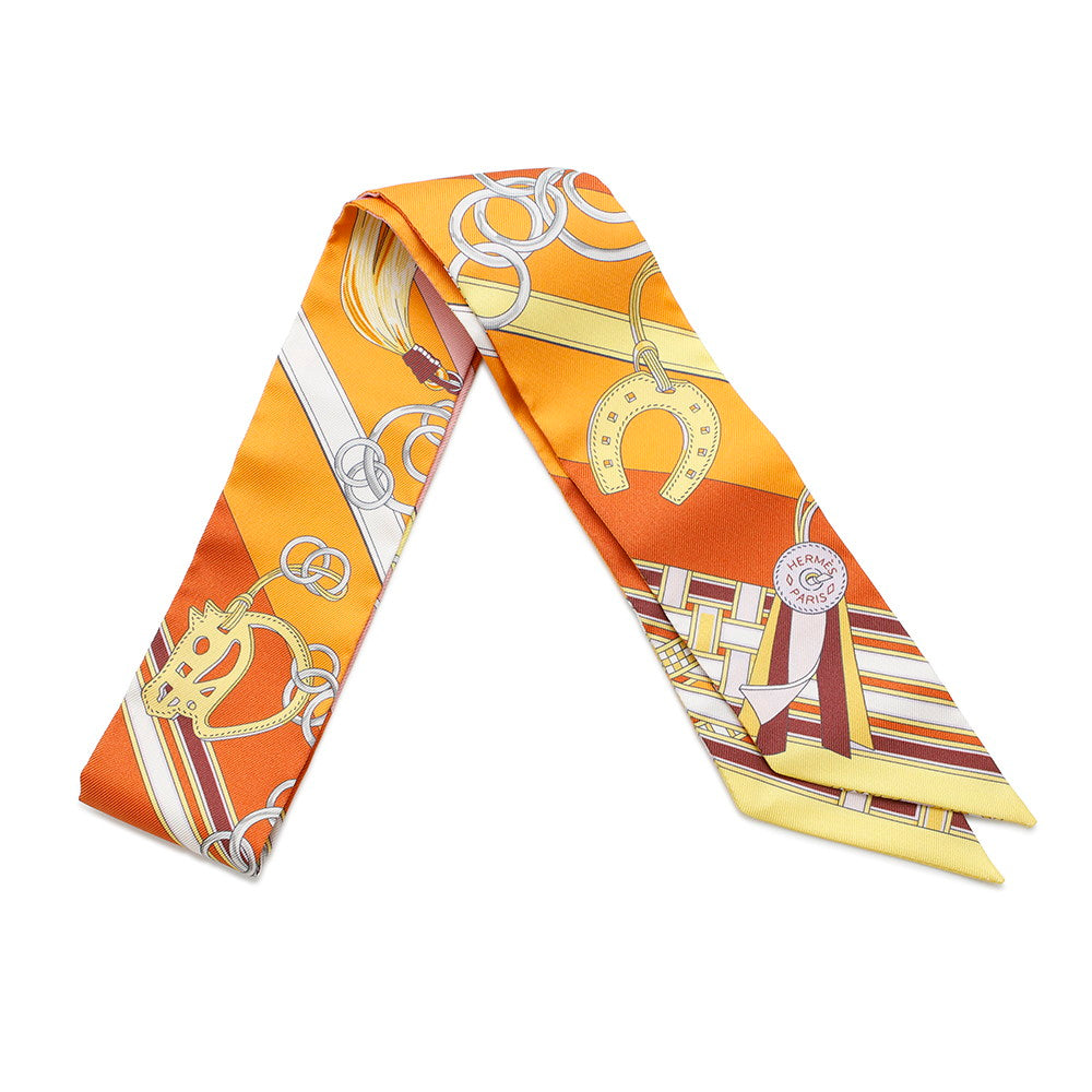 HERMES Scarf Twilly BRIDES ET GRIS GRIS Bridle and Bag Charm Orange/Jaune/RoseH062849S Silk 100%