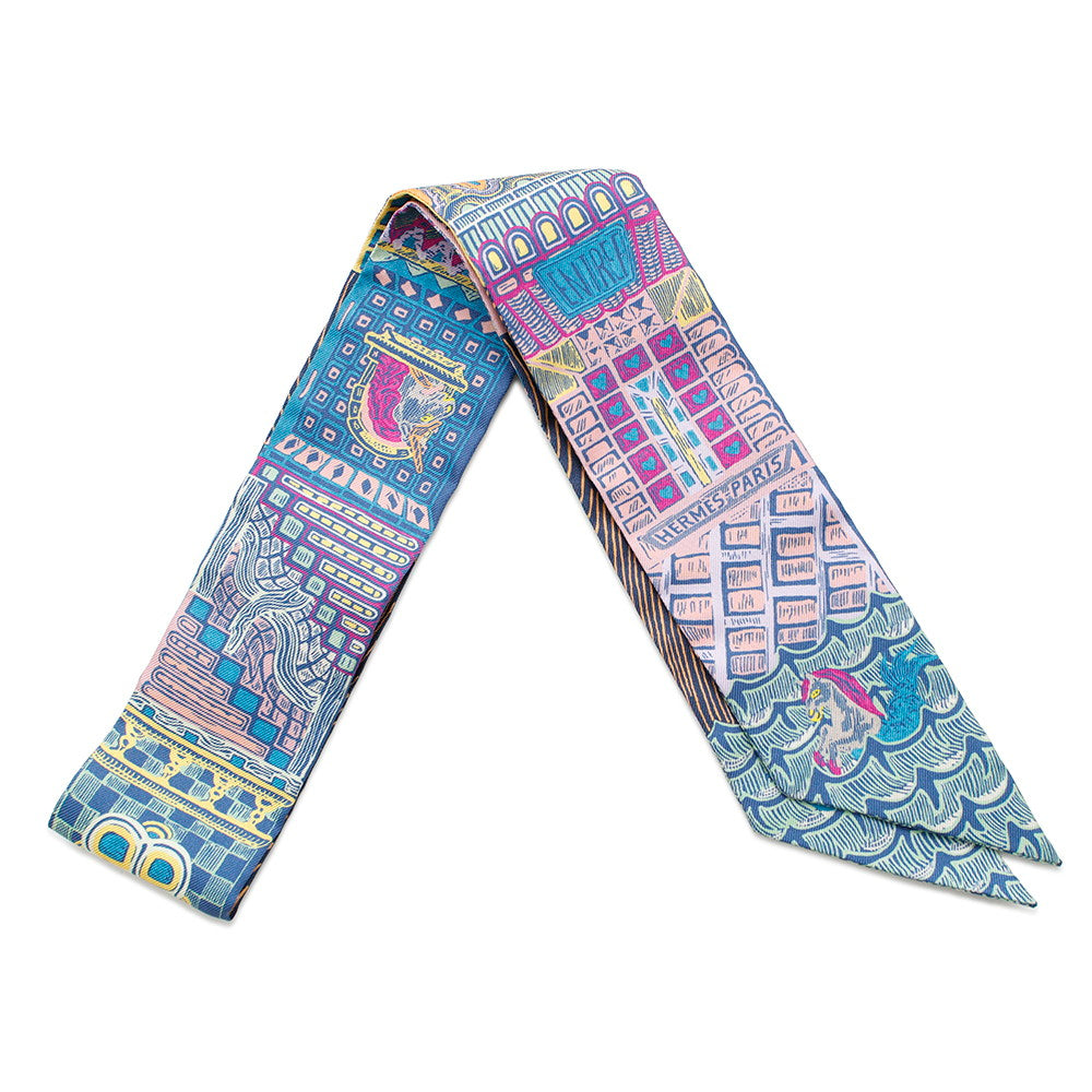 HERMES Scarf Twilly SUPER SILK QUEST Blue Cobalt/Rose/YellowH064011S Silk 100%