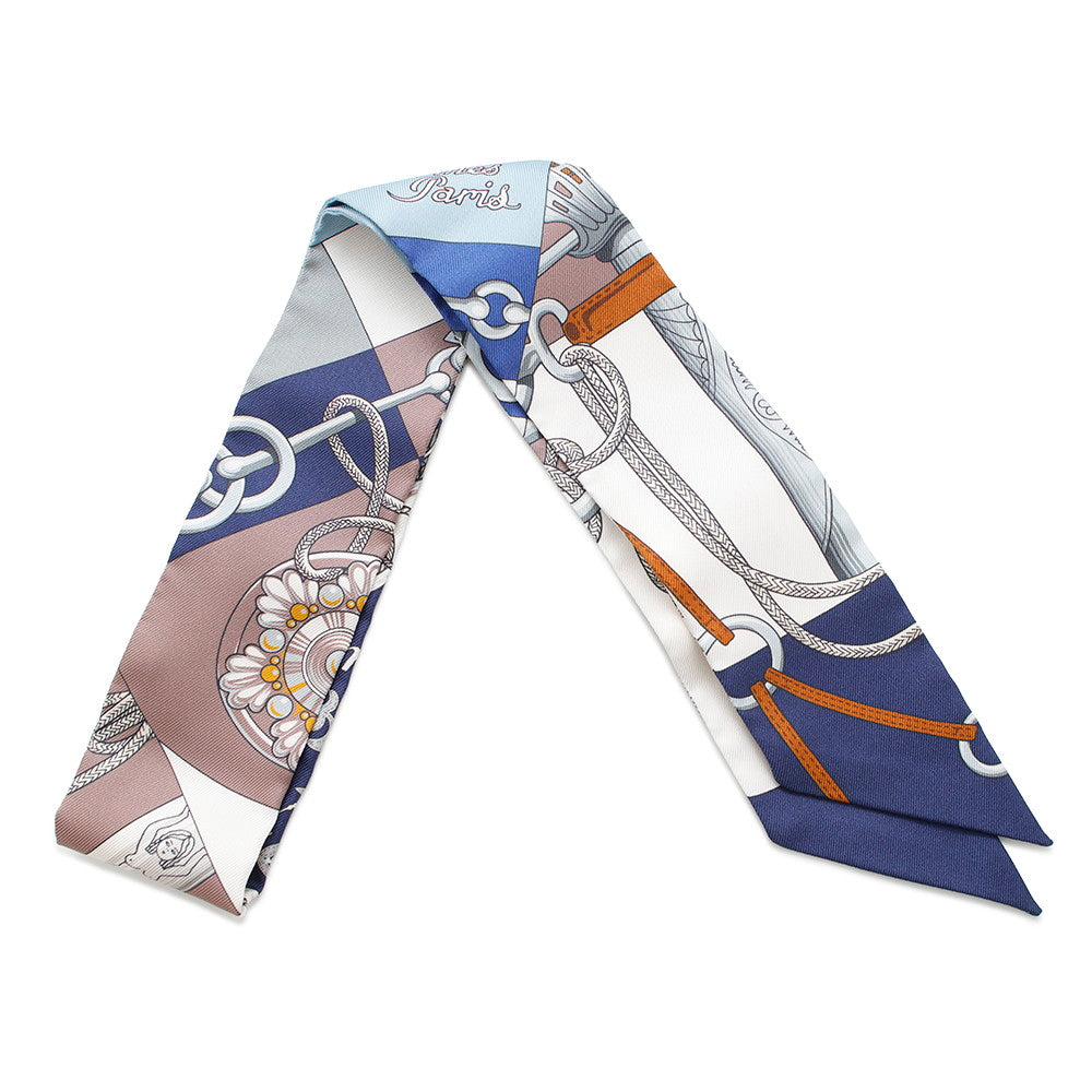 HERMES Scarf Twilly CLIQUETIS Cliquetis Marine/White/Marron glacé Silk 100%