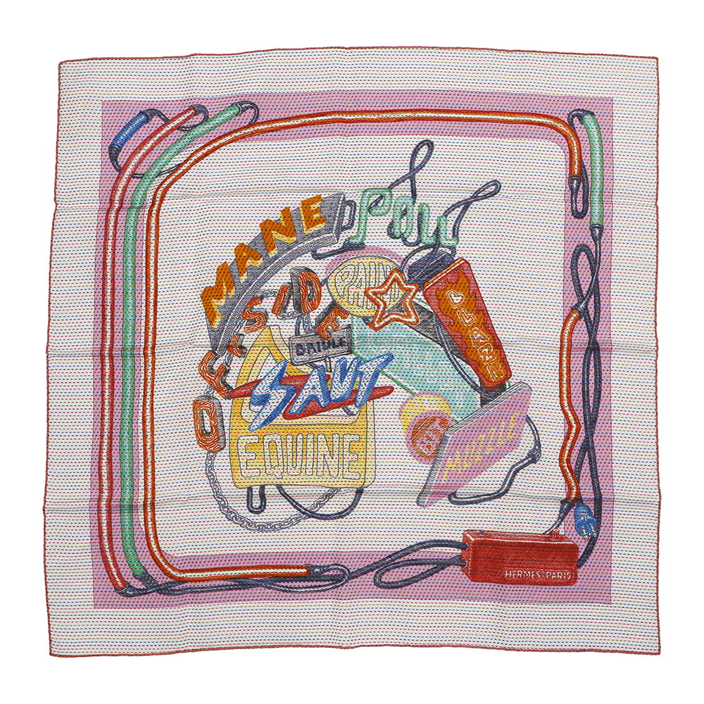HERMES Scarf Carre CHEVALOSCOPE NEON POINTILLE Size 70 White/Rose/VertH943954S Silk 100%