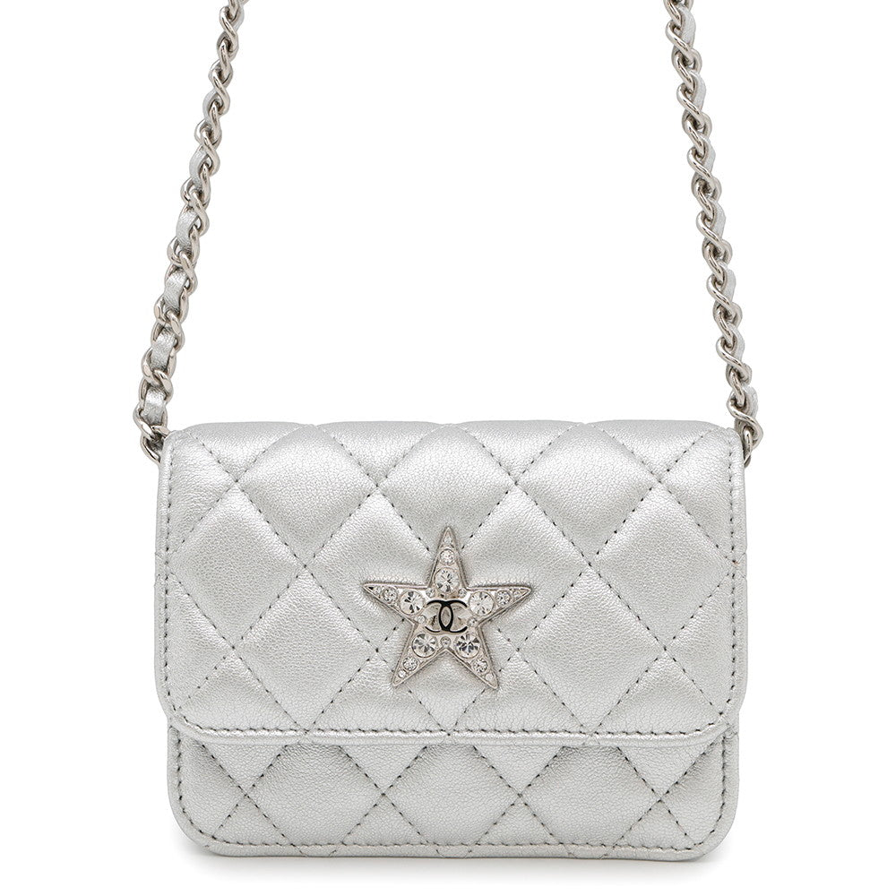 CHANEL Star Motif Chain Card Case Silver Lambskin
