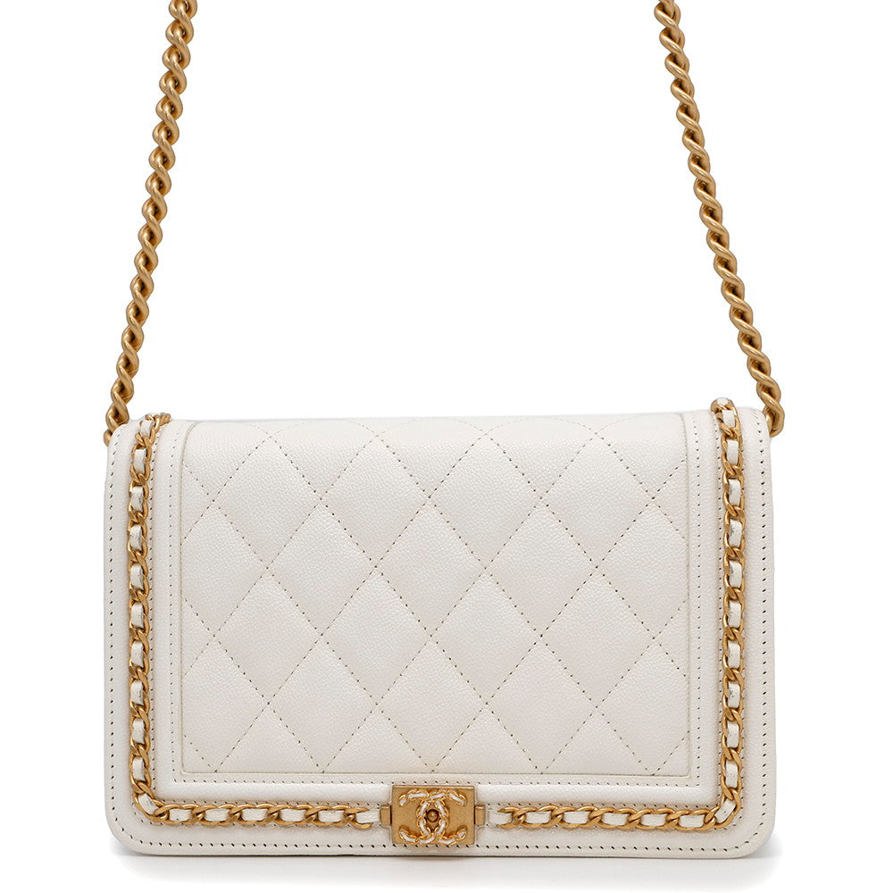 CHANEL Boy Chanel Round Chain Wallet White Soft Caviar Leather