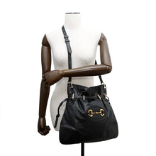 将图像加载到图库查看器中，GUCCI ★Horsebit1955 Drawstring Shoulder Bag Black602089 Leather
