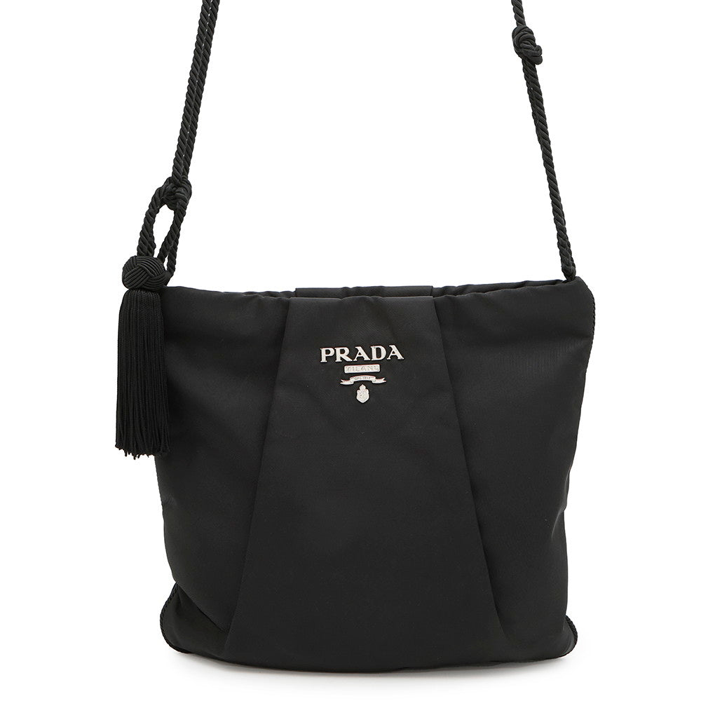 PRADA Logo Tassel Shoulder Bag Black Nylon