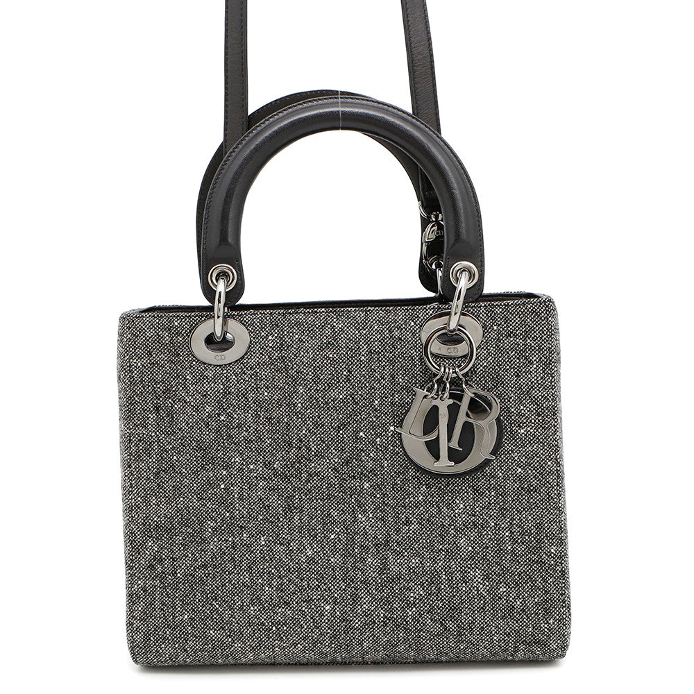 Dior Lady Dior 2WAY Handbag Gray/Black Canvas Leather Size Medium
