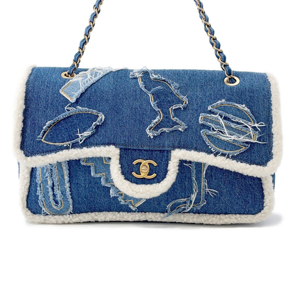 CHANEL Egyptian Line Single Flap Chain Shoulder Blue Denim Mouton