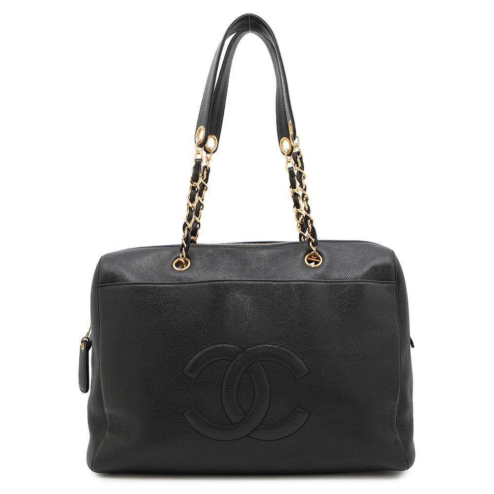 CHANEL CC Logo Chain Travel Bag Black Caviar Leather