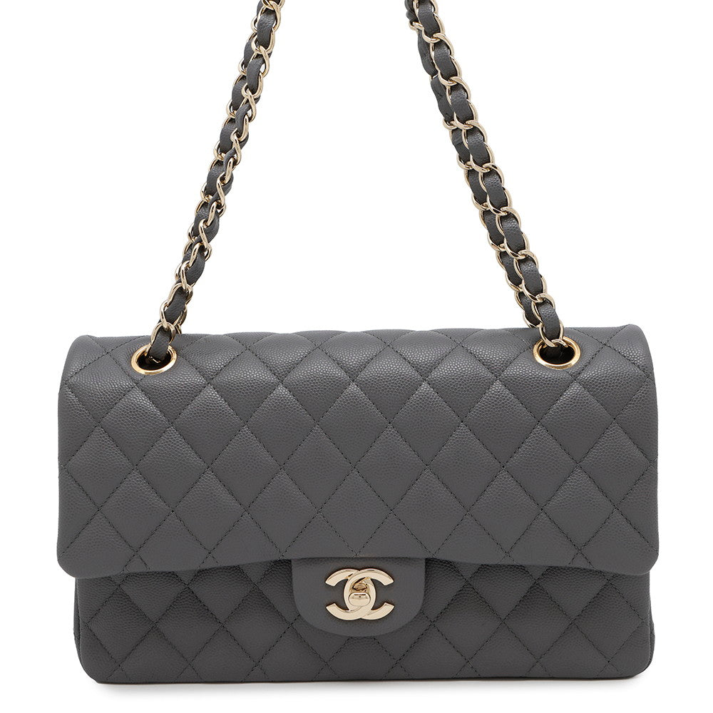 CHANEL Matelasse Double Flap Chain Shoulder Bag GrayA01112 Caviar Leather Size 25