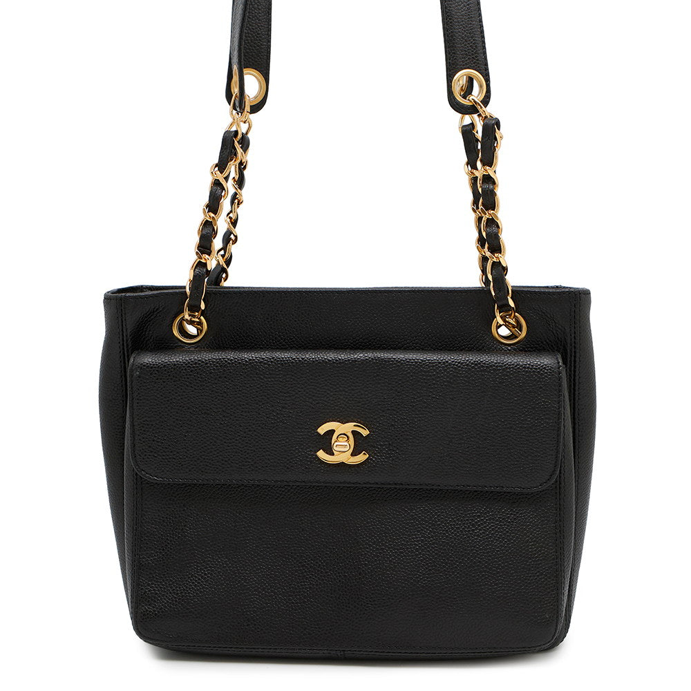 CHANEL CC Logo ChainTote Bag Black Caviar Leather