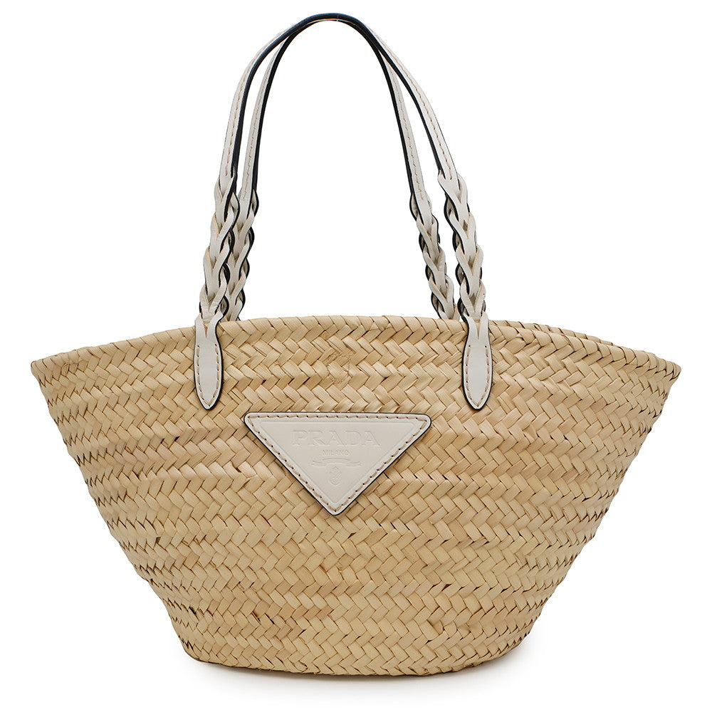 PRADA Woven Palm Basket Bag Natural/White1BG314 Straw Leather