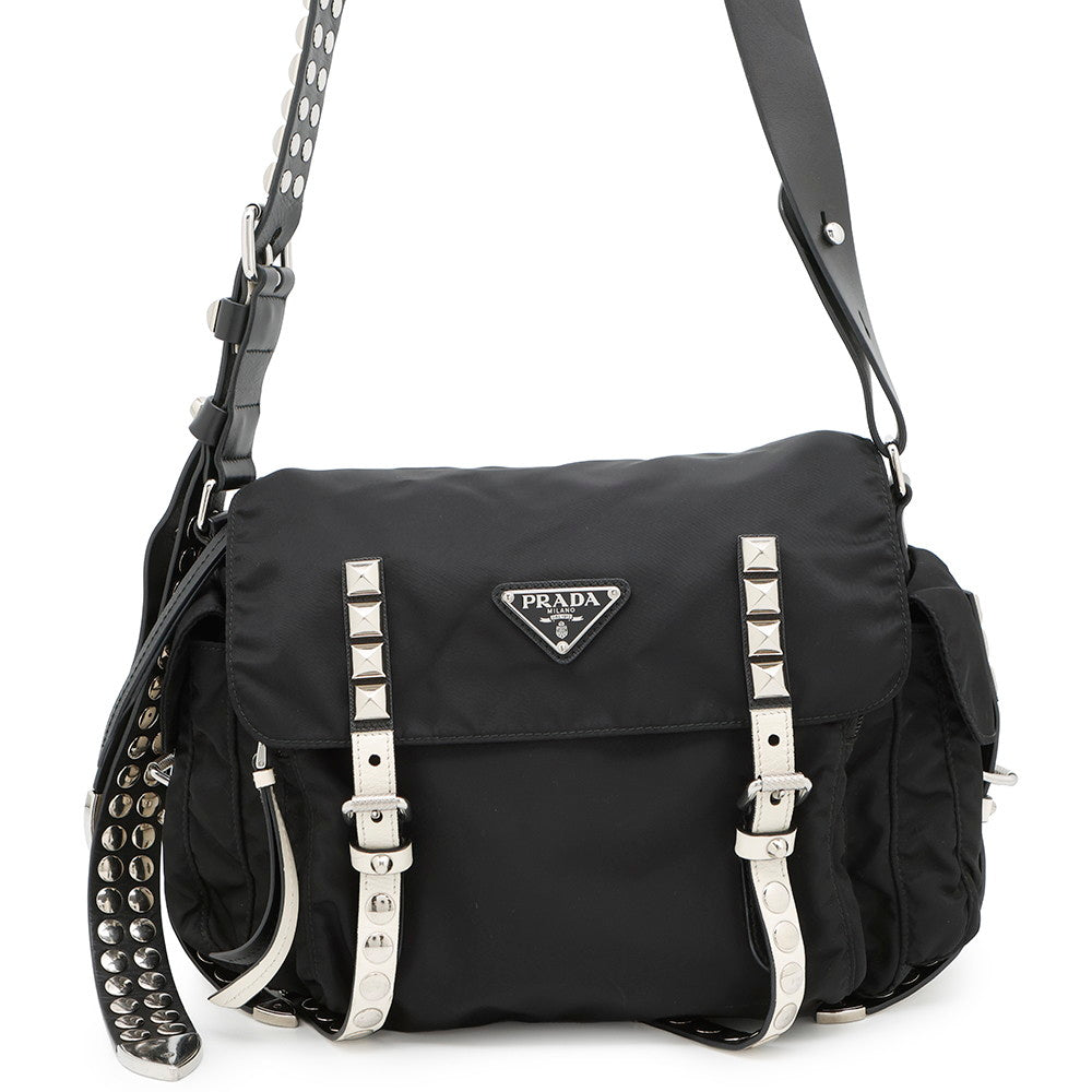 PRADA Studded Shoulder Bag Black/White1BD118 Nylon Leather