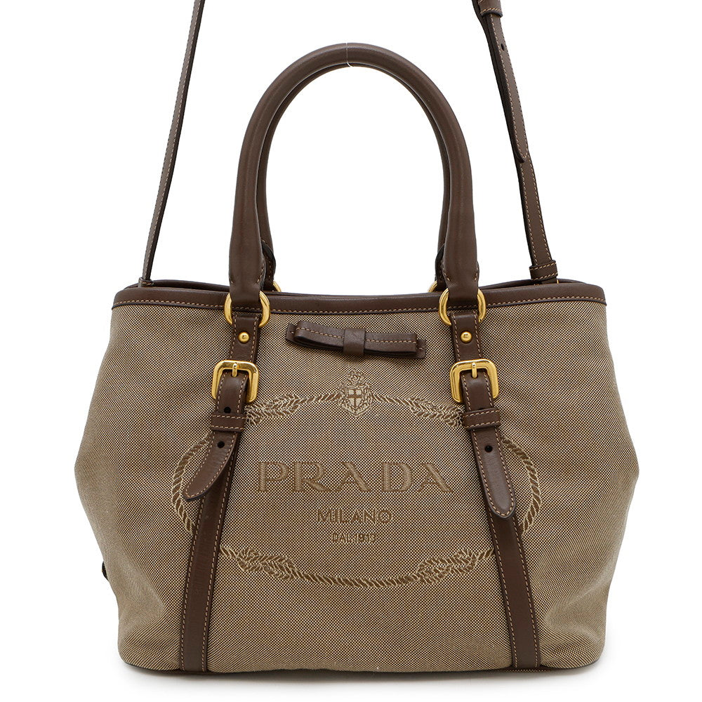 PRADA Logo Jacquard 2-way Tote Bag Brown/KhakiBN1841 Leather Canvas