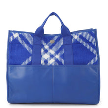 Load image into Gallery viewer, BURBERRY Check Shopper Tote Bag Blue8075132 Wool Leather
