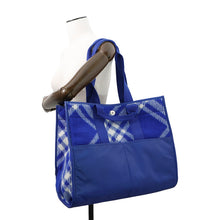 Load image into Gallery viewer, BURBERRY Check Shopper Tote Bag Blue8075132 Wool Leather
