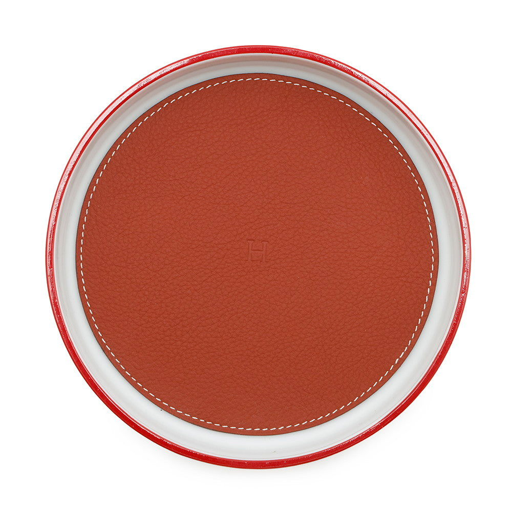 HERMES Round Tray Circe Rose Namf Porcelain Taurillon Squirrel Size 6.3