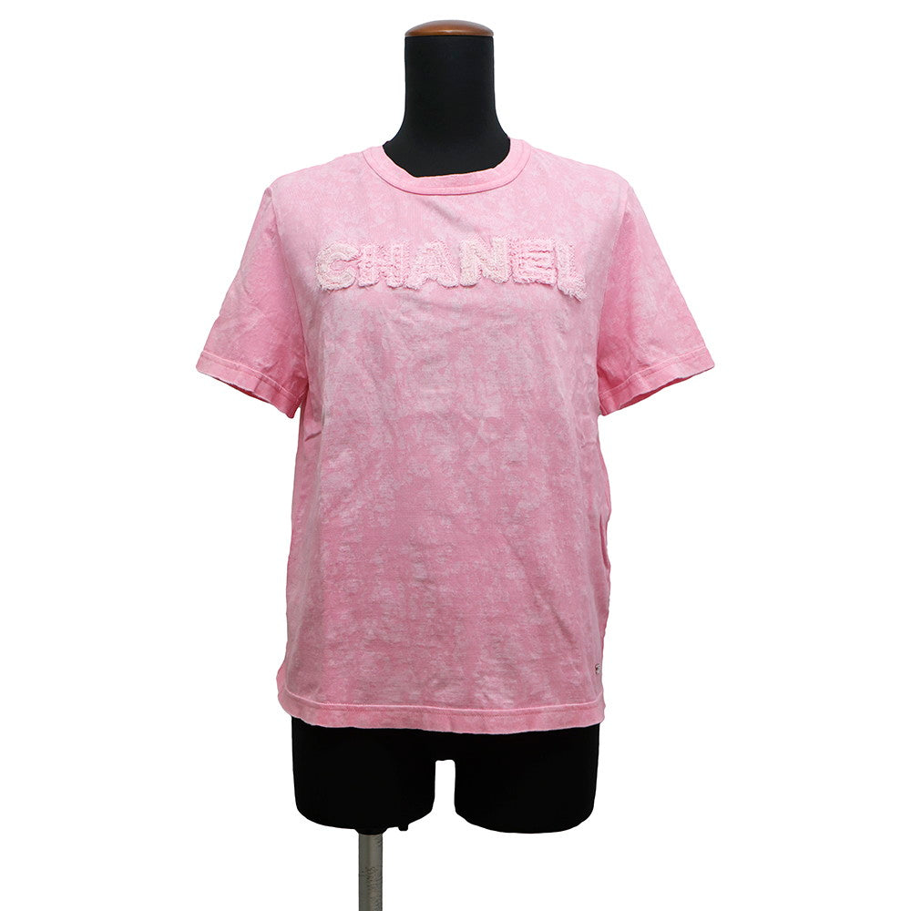 CHANEL ★T-shirt Tweed logo CC Logo Size S PinkP74670 Cotton100%