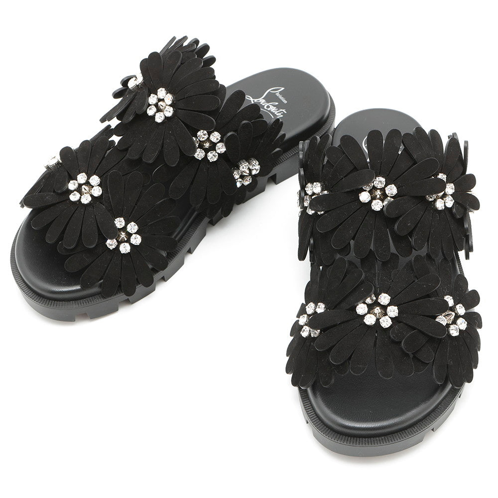 Christian Louboutin ★Flora Cool Flat Sandals Black3240159 Nappa Suede Rhinestone Size 38.5