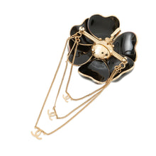Load image into Gallery viewer, CHANEL Camellia CC Logo Chain Brooch Black Gold Plated Enamel
