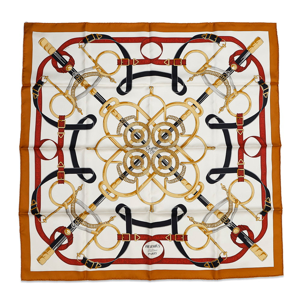 HERMES Carre EPERON D'OR Apron D'or Size 90 Caramel/Creme Silk100%